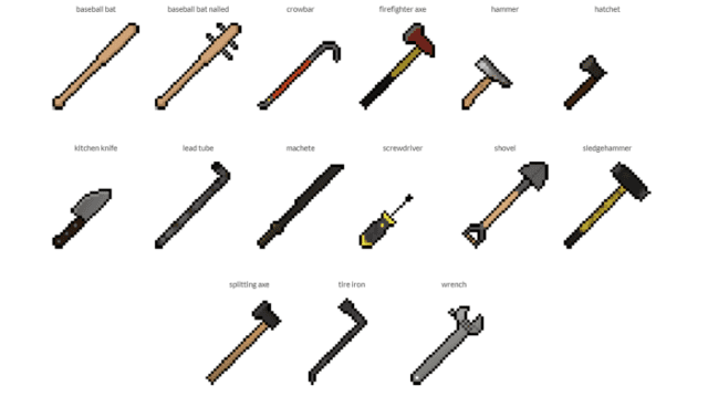 Presented melee weapons such as bits, knives, screwdrivers, pry bars and others