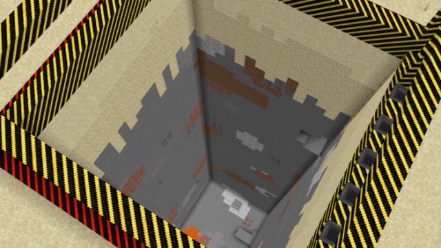 The mechanism destroyed all blocks underneath, down to the bedrock, creating a huge pit