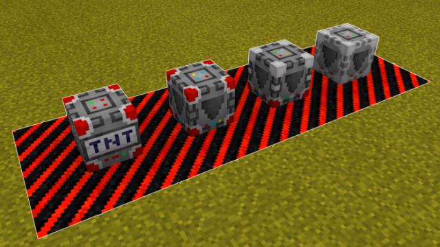 Four blocks deploying a mechanism that creates pits of different sizes