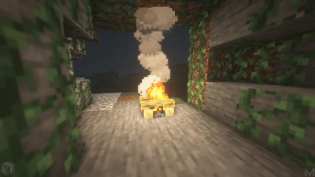 Bonfire in the middle of mossy cobblestone