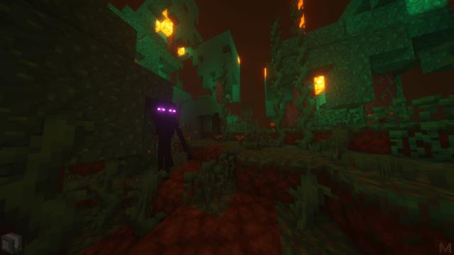 Glowing eyes of an enderman in the forest