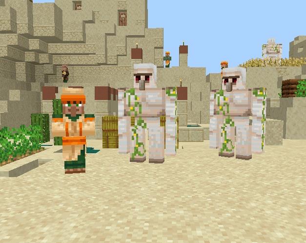 Two iron golems and a villager