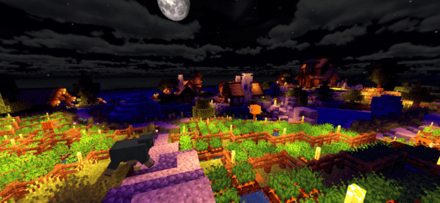 Many burning lanterns on the field near the village in Minecraft