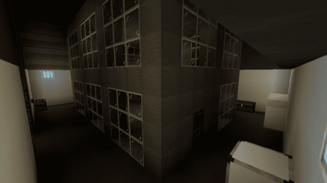 A two-story room inside the SCP base with huge glass windows