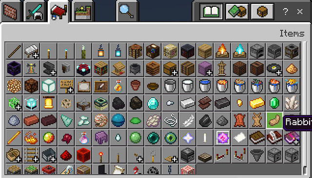 Many different items in the creative inventory